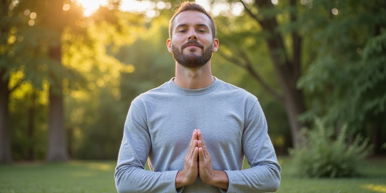 Imagine cu un bărbat meditând sau practicând exerciții de respirație, simbolizând reducerea stresului.
